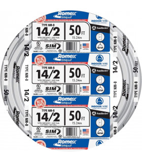 Southwire 28827422 50' 14/2 con tierra Romex Marca SIMpull Residencial Interior Eléctrico Cable De Cobre Tipo NM-B, Blanco
