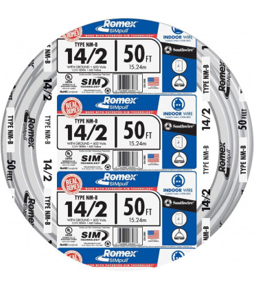 Southwire 28827422 50' 14/2 con tierra Romex Marca SIMpull Residencial Interior Eléctrico Cable De Cobre Tipo NM-B, Blanco