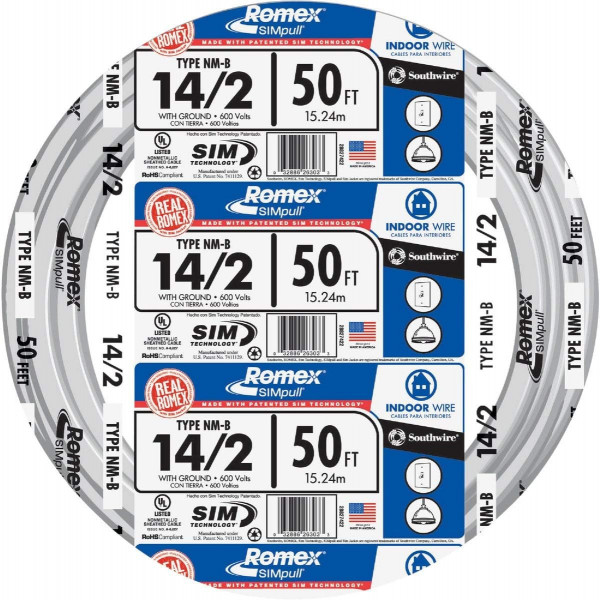 Southwire 28827422 50' 14/2 con tierra Romex Marca SIMpull Residencial Interior Eléctrico Cable De Cobre Tipo NM-B, Blanco